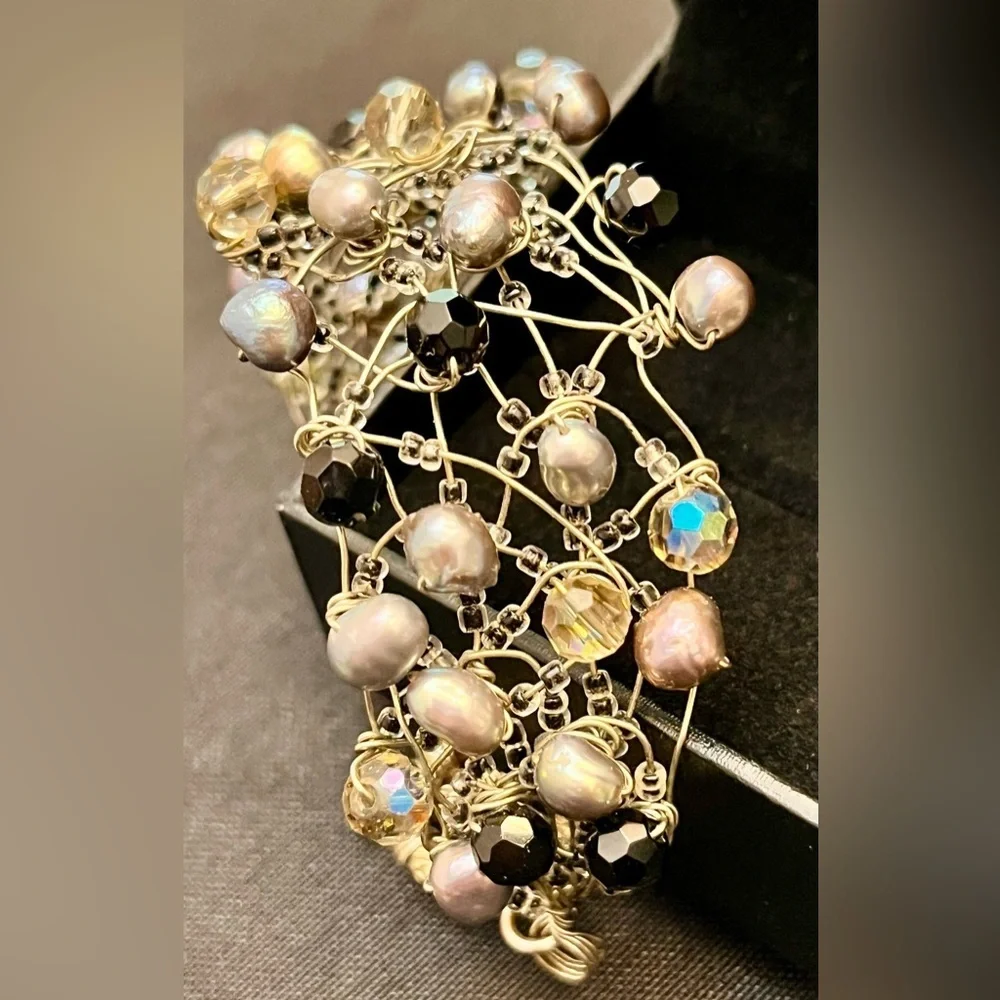 Vintage Handmade Wire Wrapped Bracelet Freshwater Pearl Aurora Borealis Bead Art